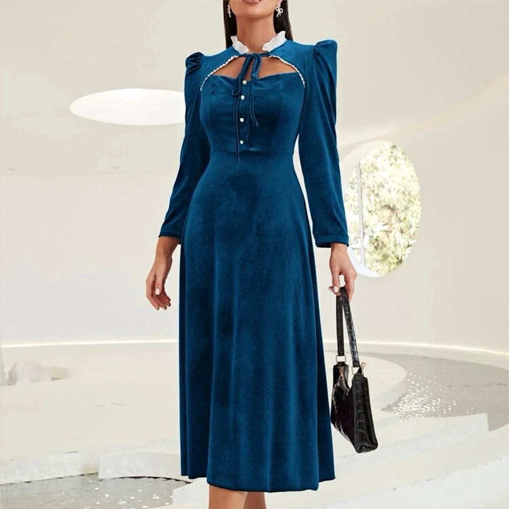 RARE!! NWOT Victorian Teal Velvet Femme Puff Sleeve Midi Maxi Dress